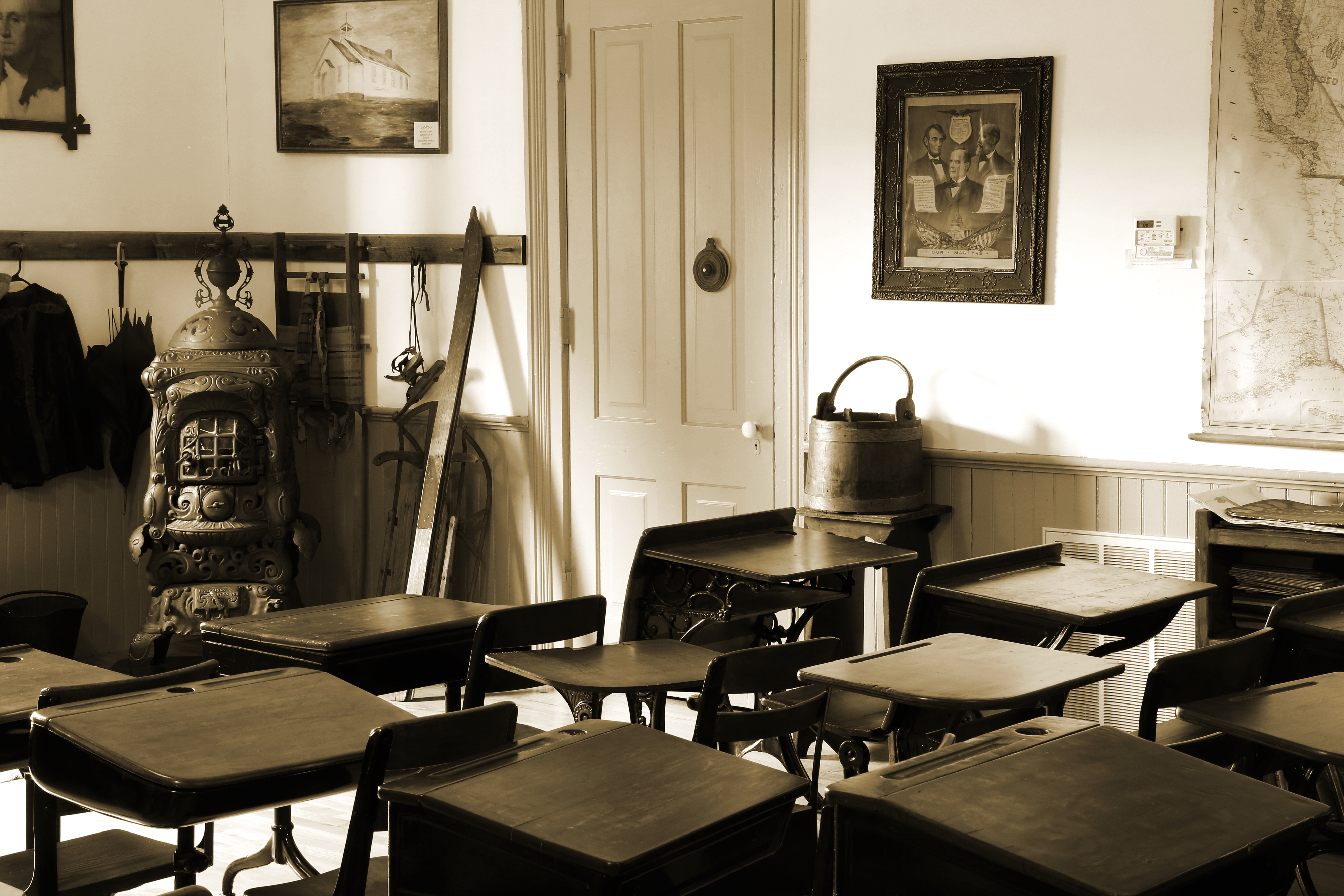 Recreated historic schoolroom with desks